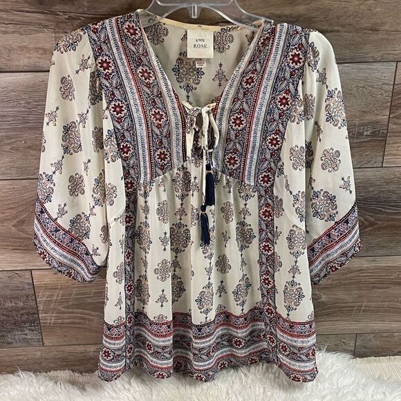 KNOX ROSE Women's Large Floral Boho Chic Peasant V Tie Neck Tassels Sheer Size S - Picture 3 of 8